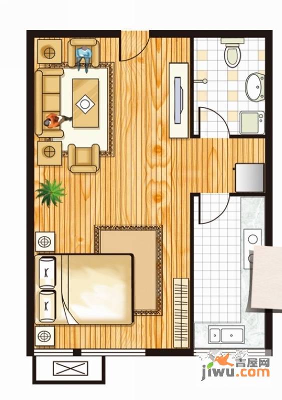 三水合一花园1室1厅1卫54.4㎡户型图