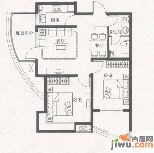 北美枫情2室2厅1卫87.8㎡户型图