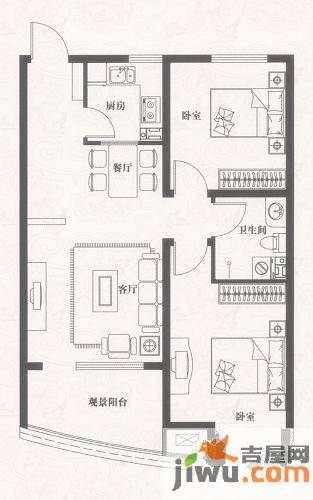 北美枫情2室2厅1卫90.5㎡户型图