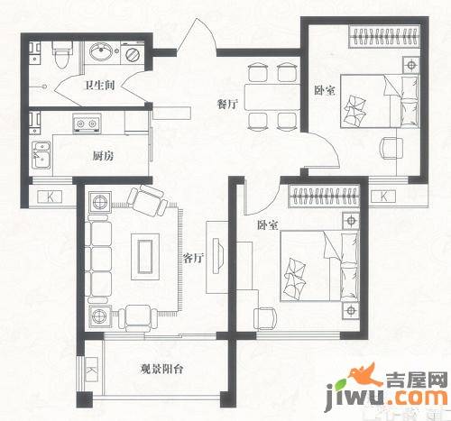 北美枫情2室2厅1卫84.6㎡户型图