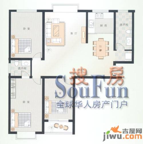 香格里拉花园3室2厅2卫户型图