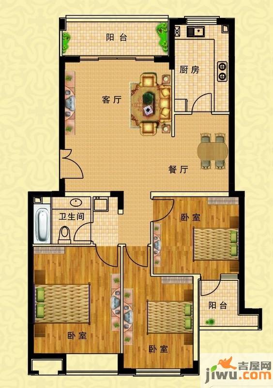 海天四季花城3室2厅1卫110.7㎡户型图