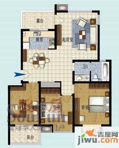 半岛蓝湾3室2厅1卫105.8㎡户型图