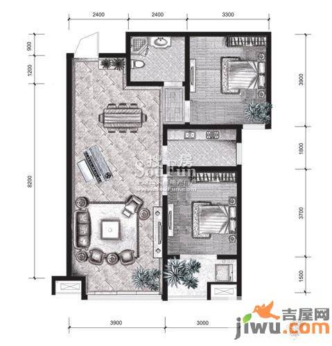 中齐他山2室2厅1卫92㎡户型图