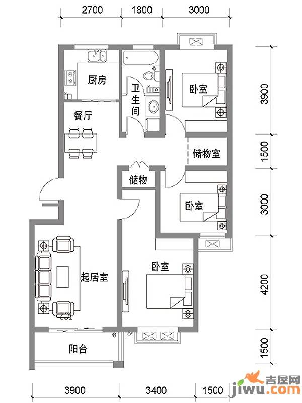 凯旋新城3室2厅1卫111.7㎡户型图