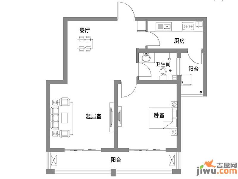 凯旋新城1室2厅1卫70.4㎡户型图