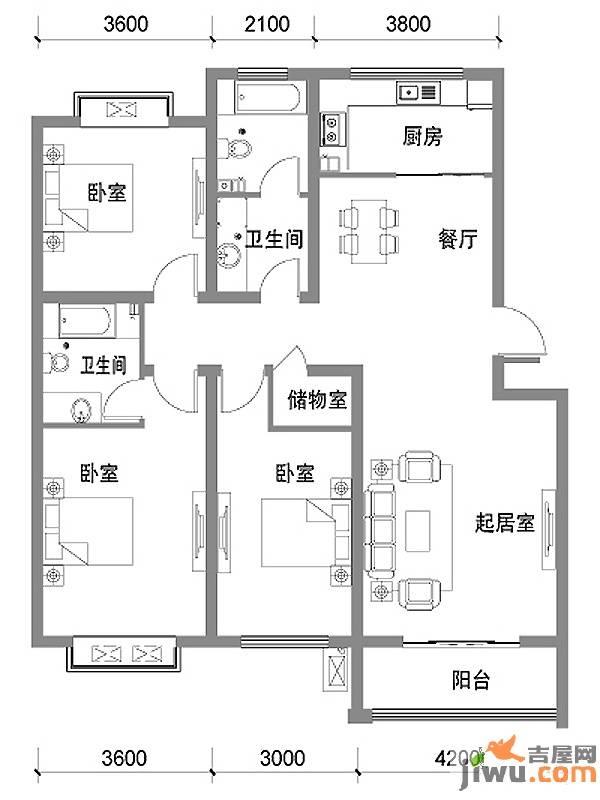 凯旋新城3室2厅2卫132.1㎡户型图