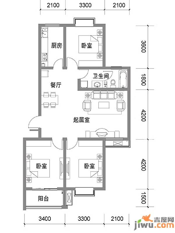 凯旋新城3室2厅1卫108.2㎡户型图