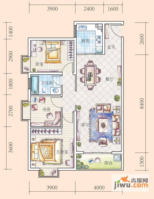 花果园3室2厅1卫111㎡户型图