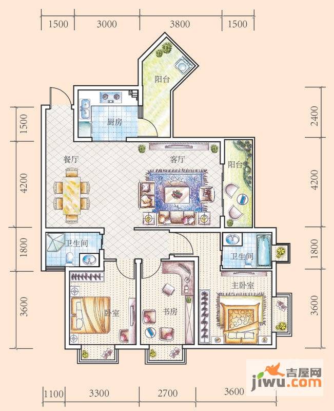 花果园3室2厅2卫135.4㎡户型图