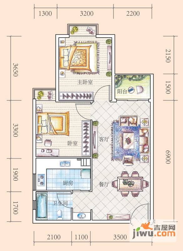 花果园2室2厅1卫77.5㎡户型图