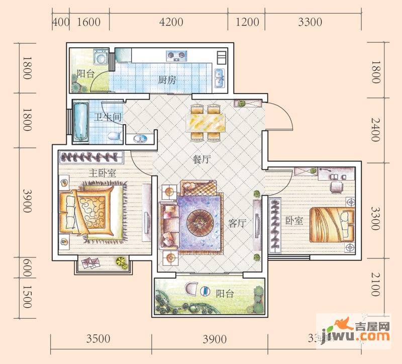 花果园2室2厅1卫83.7㎡户型图