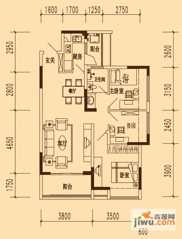 万科劲嘉金域华府3室2厅1卫88㎡户型图