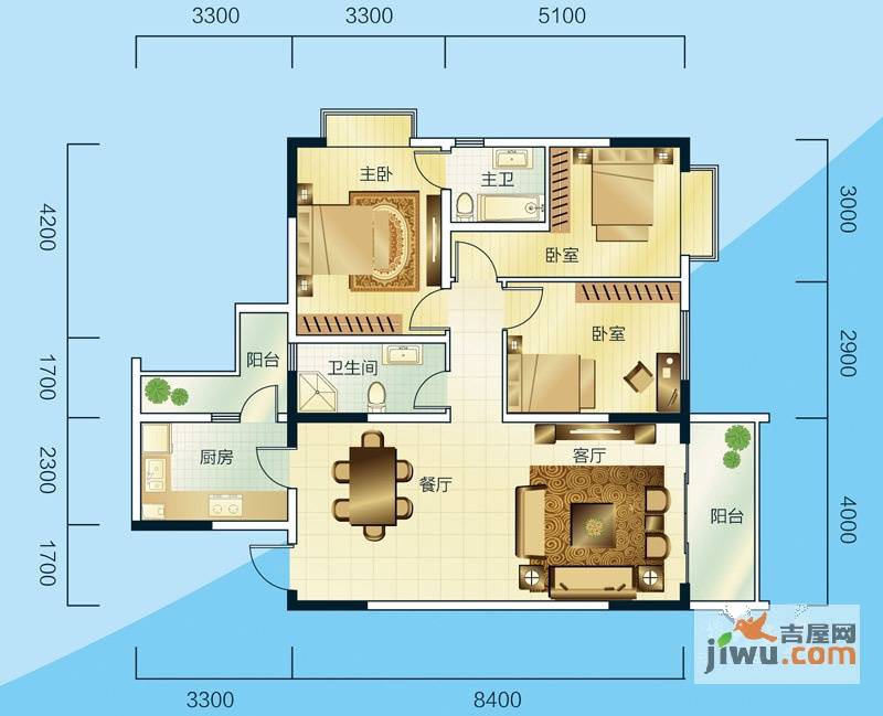 睿力上城3室2厅2卫113.4㎡户型图