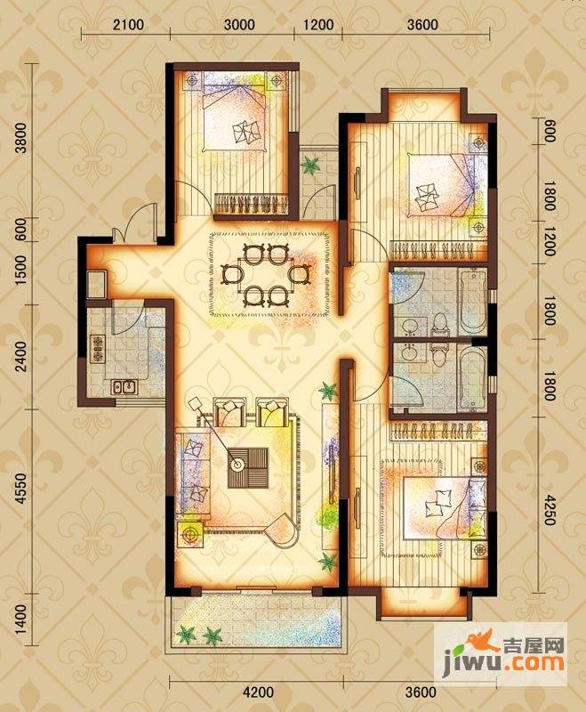 鸿基文昌苑3室2厅2卫127.4㎡户型图