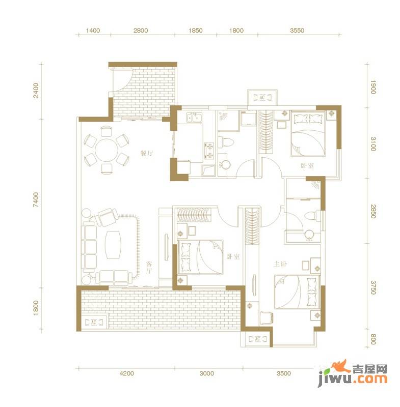 保利国际广场3室2厅2卫126㎡户型图