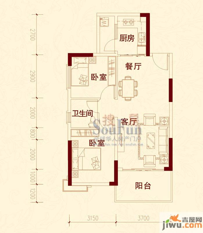 贵阳恒大绿洲2室2厅2卫80.9㎡户型图