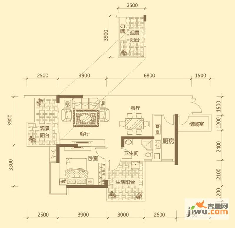 兴隆誉峰1室2厅1卫84㎡户型图