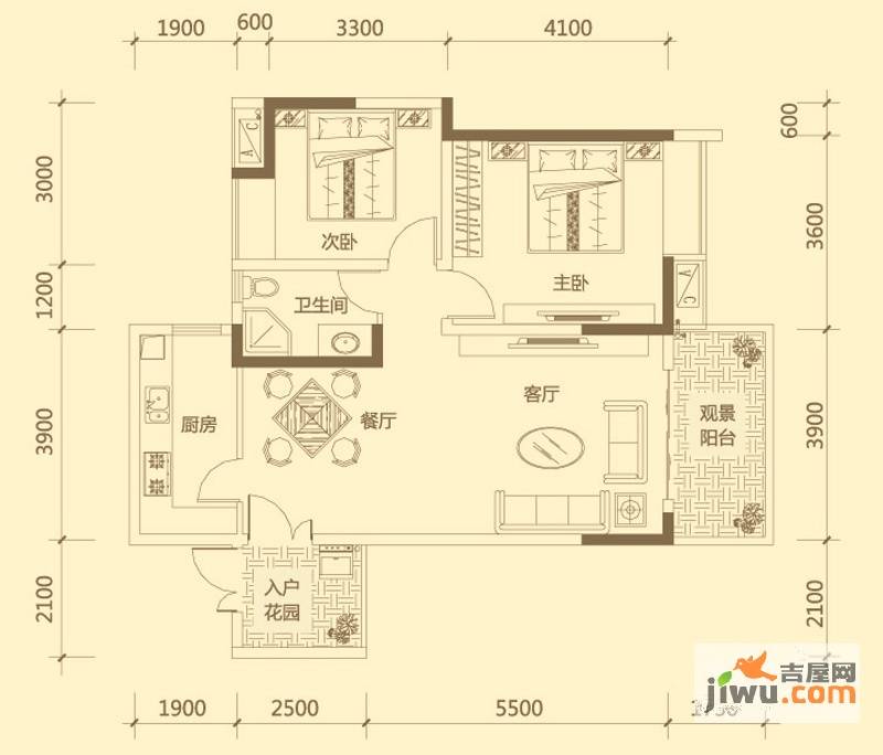 兴隆誉峰2室2厅1卫87.4㎡户型图