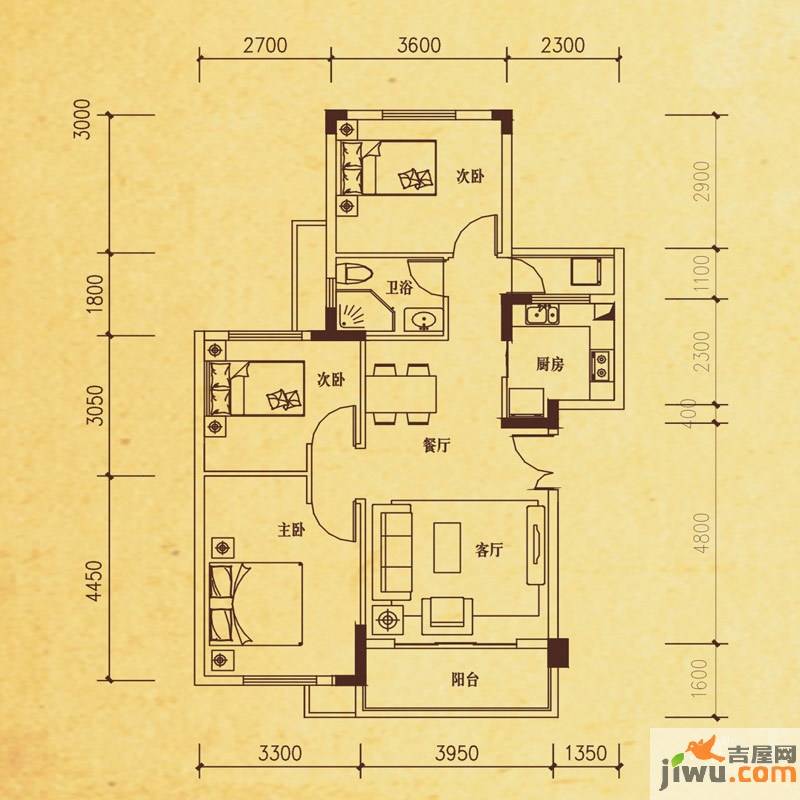 永实御湖尚城3室2厅1卫84㎡户型图