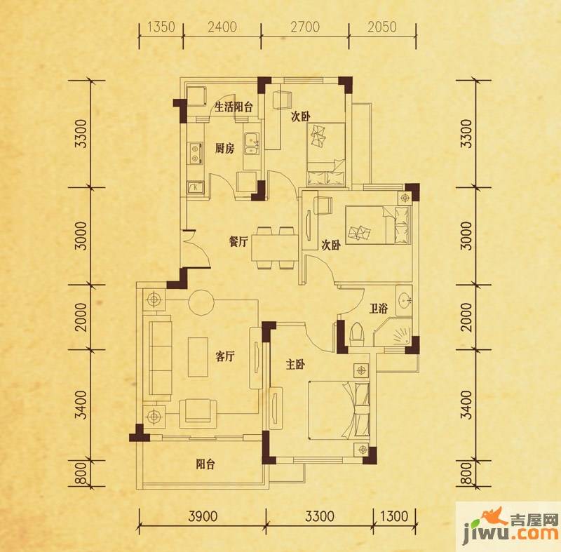 永实御湖尚城3室2厅1卫86㎡户型图