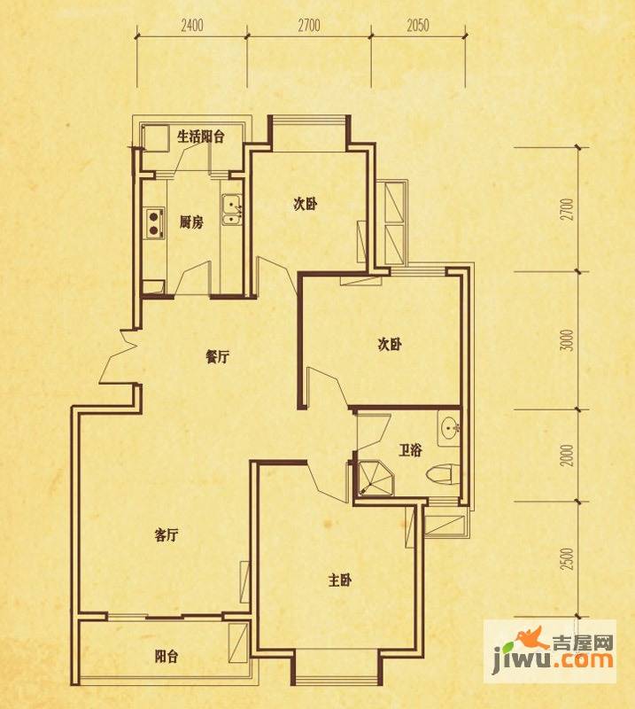 永实御湖尚城3室2厅1卫87㎡户型图