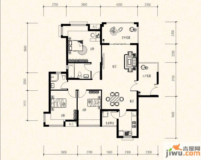 保利温泉新城3室2厅2卫127㎡户型图