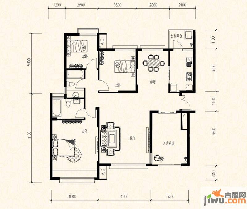 保利温泉新城3室2厅2卫137㎡户型图