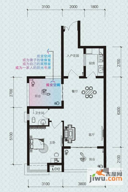 保利温泉新城1室1厅1卫76㎡户型图