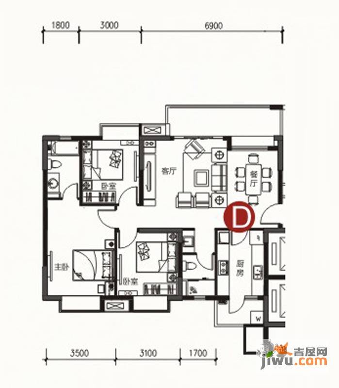 保利温泉新城3室2厅2卫116㎡户型图