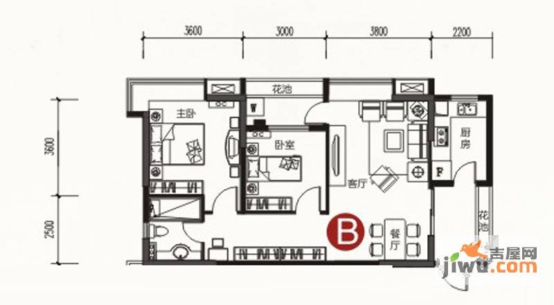 保利温泉新城2室2厅1卫85㎡户型图