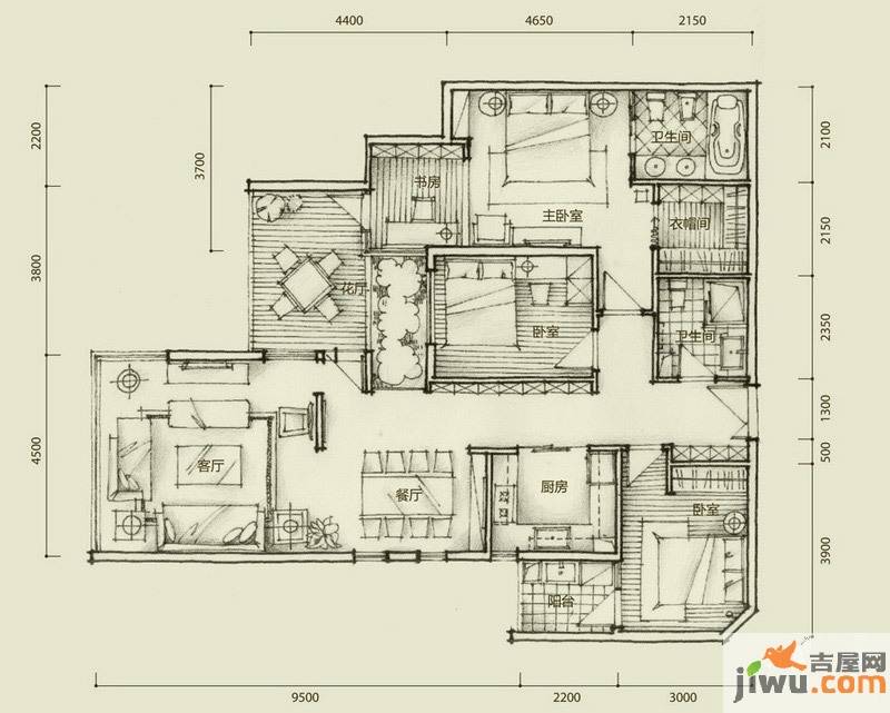 清镇中央公园3室2厅2卫149.6㎡户型图