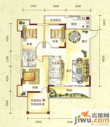 水锦花都3室2厅2卫121.7㎡户型图