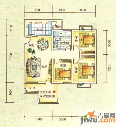 水锦花都3室2厅1卫109.7㎡户型图