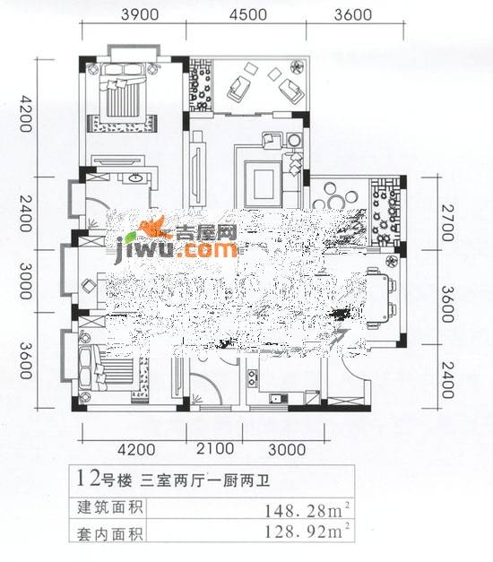 美佳假日花园3室2厅2卫148.3㎡户型图