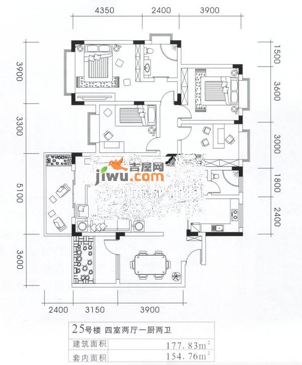 美佳假日花园4室2厅2卫177.8㎡户型图