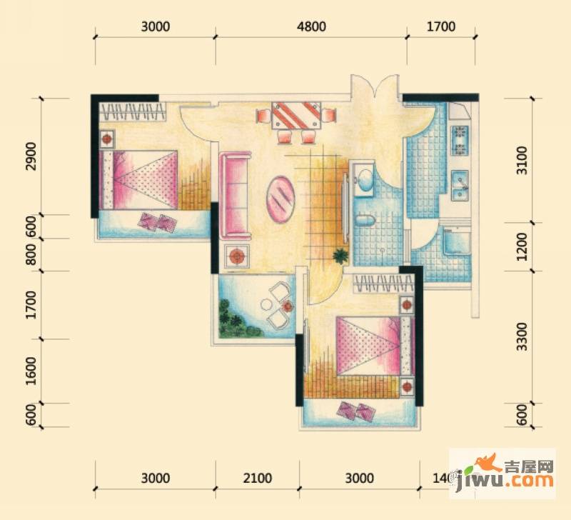 兴隆枫丹白鹭2室1厅1卫60.8㎡户型图