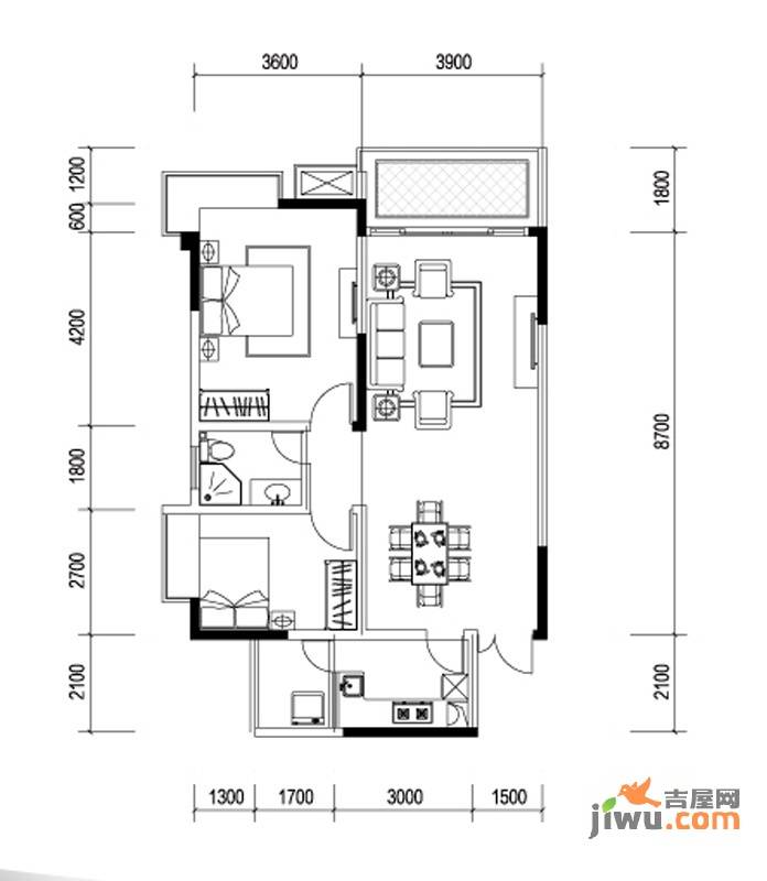 星宸国际2室2厅1卫103㎡户型图