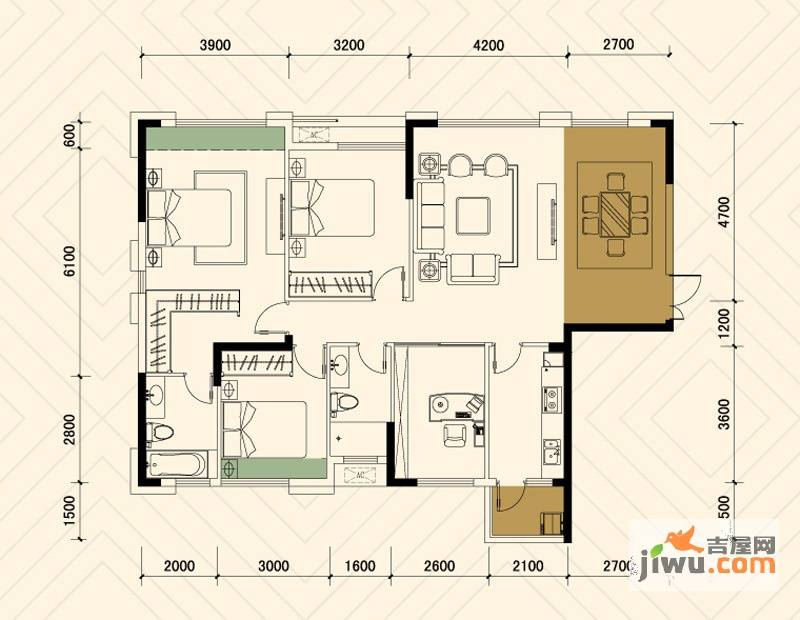 兆基新王府3室2厅2卫136.5㎡户型图