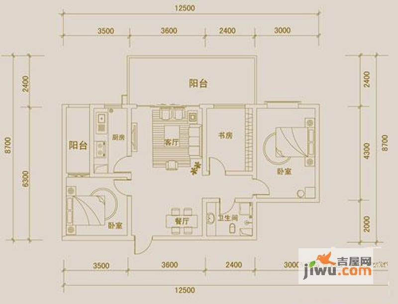 金宇紫林广场3室2厅1卫77.7㎡户型图