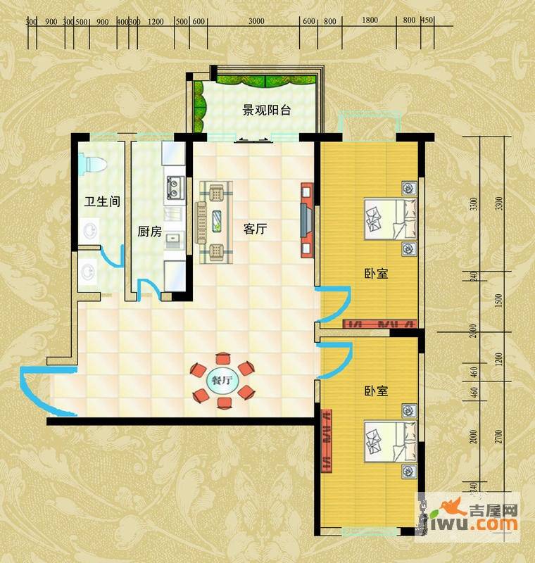 升远大厦2室2厅1卫119.5㎡户型图