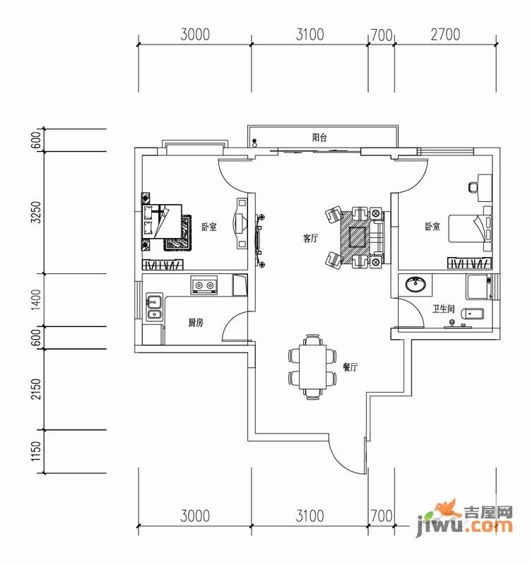 义信麒麟苑2室2厅1卫69.9㎡户型图