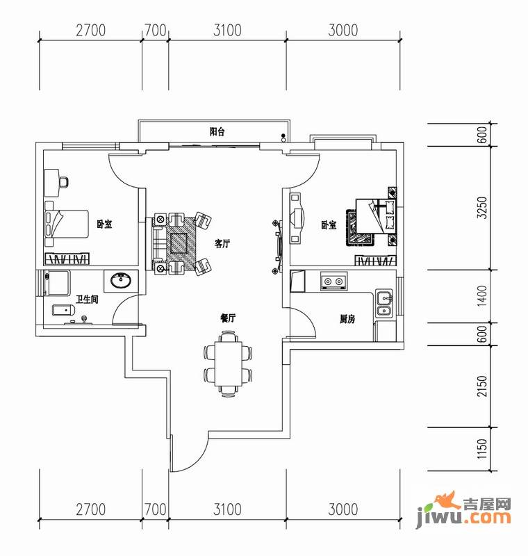 义信麒麟苑2室2厅1卫69.9㎡户型图