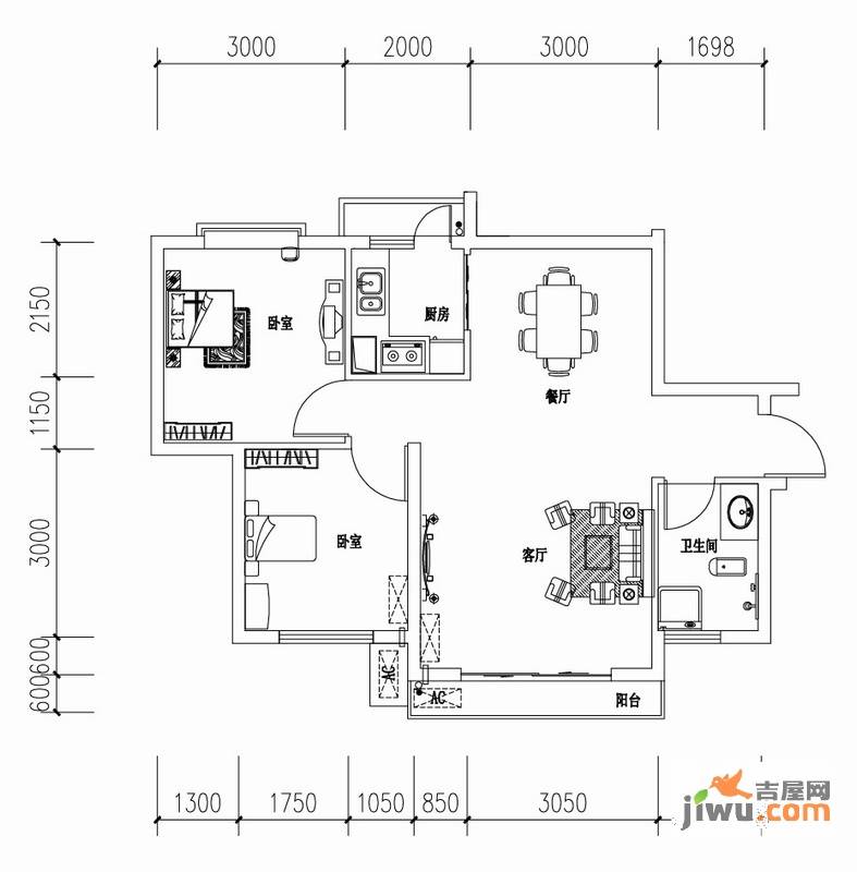 义信麒麟苑2室2厅1卫70㎡户型图