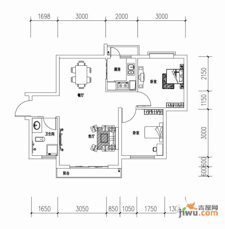 义信麒麟苑2室2厅1卫70㎡户型图