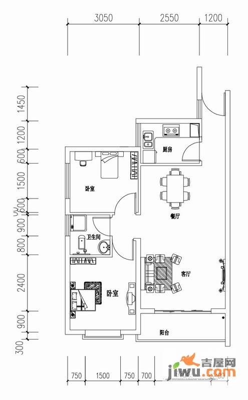 义信麒麟苑2室2厅1卫69.7㎡户型图