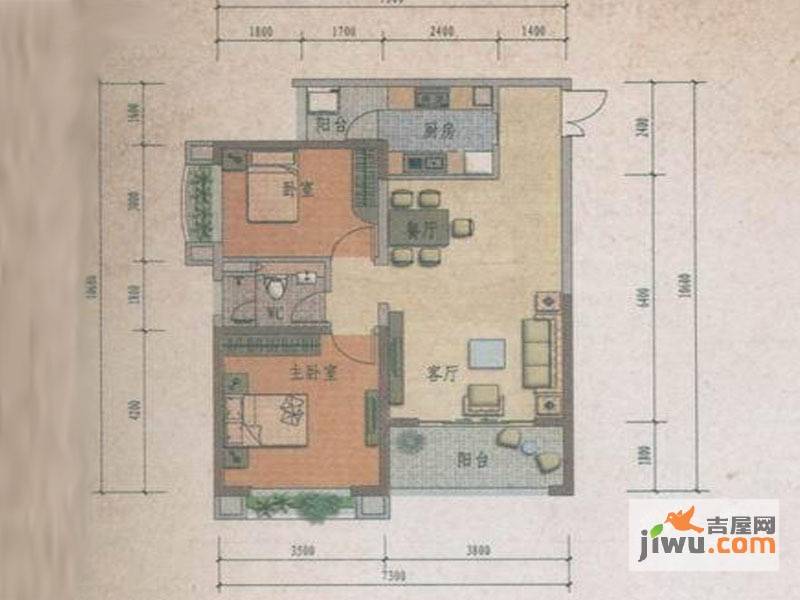 同德极少墅2室1厅1卫71.7㎡户型图