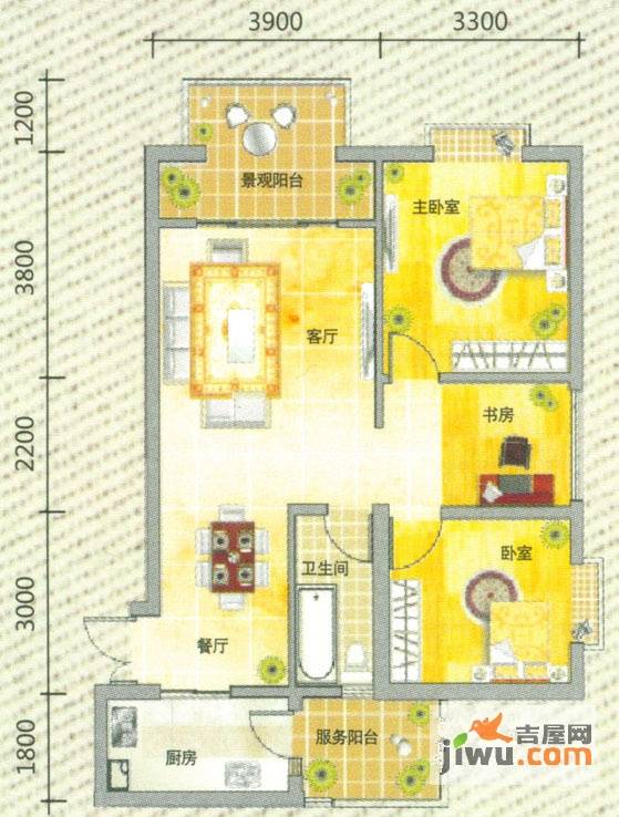 翡翠湾3室2厅1卫88.6㎡户型图