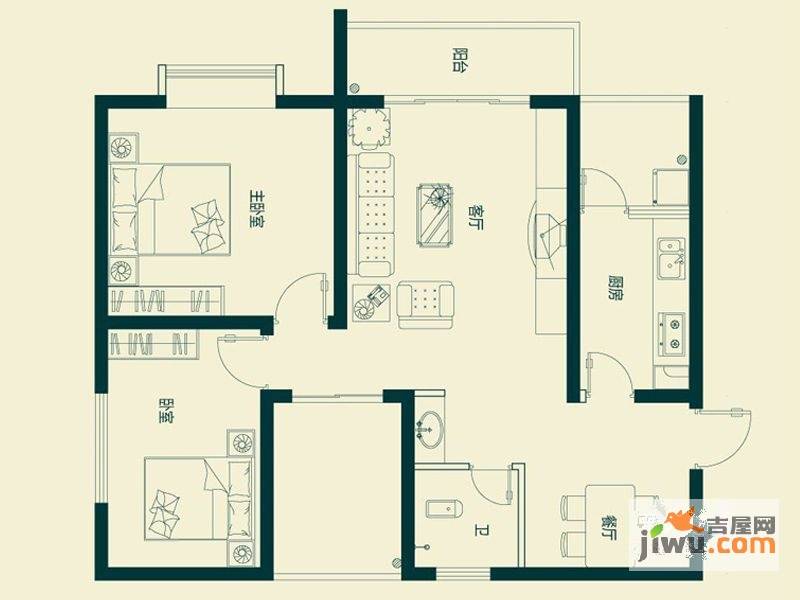 巴江明珠嶺城2室2厅1卫96.2㎡户型图