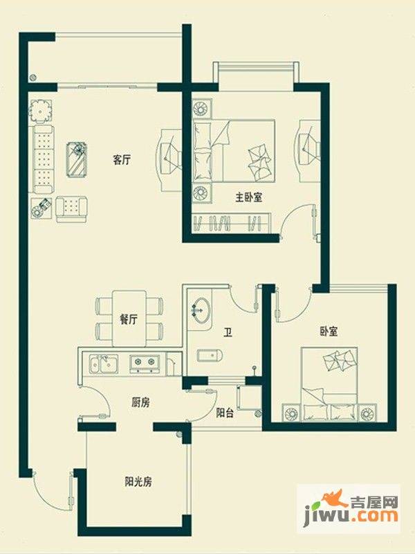 巴江明珠嶺城2室2厅1卫92.2㎡户型图